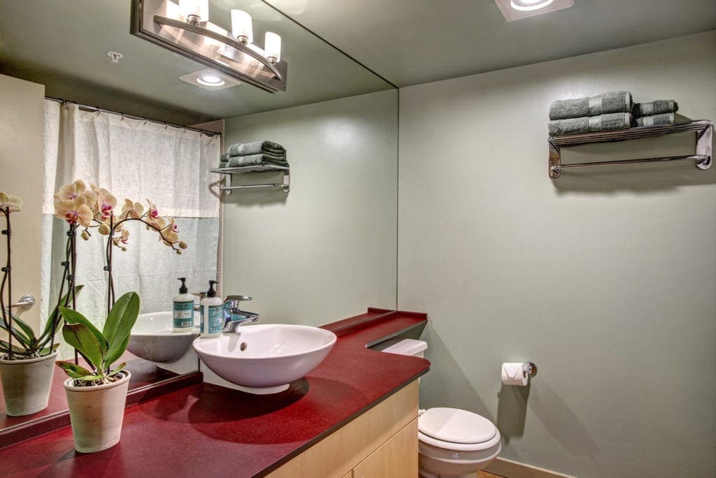 Full bathroom with red counter top accent.