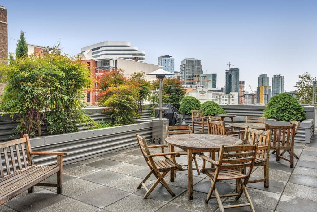 Community deck for outdoor entertaining with city views.