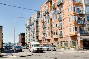 Downtown condominium in the Belltown neighborhood of Seattle, Washington. First floor has mixed-use tenants. On-street parking.