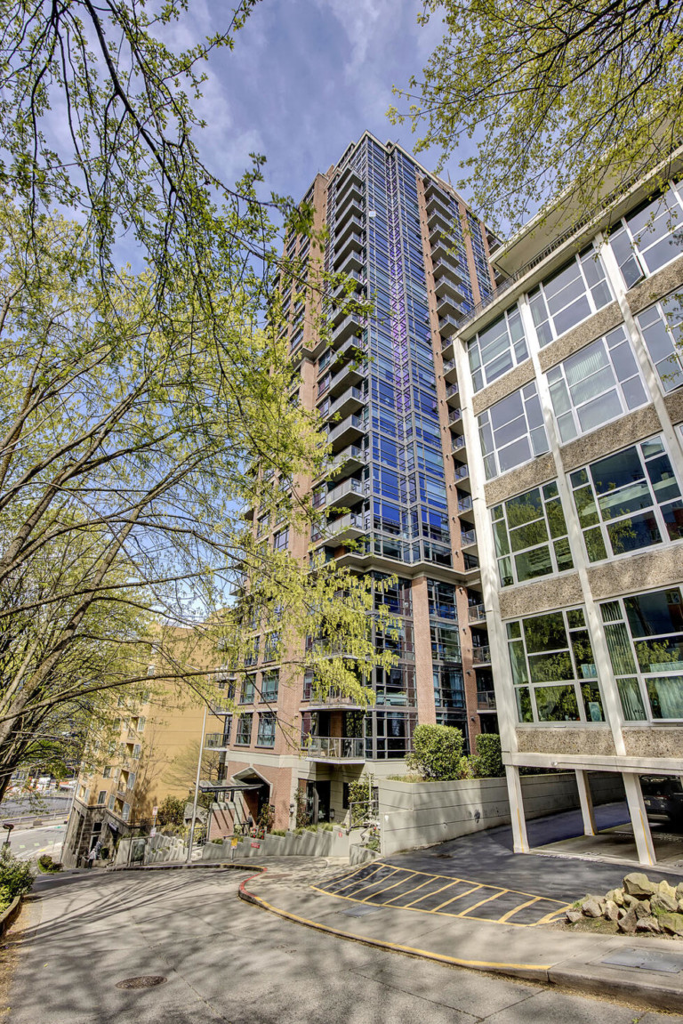 High-rise modern condominium complex in First Hill neighborhood of Seattle, Washington. Ground floor has retail and mix-use space.