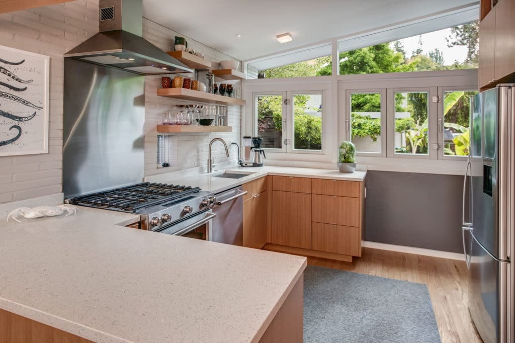 Alki Mid-Century Modern Home Renovated Kitchen Looking Out to the Garden 