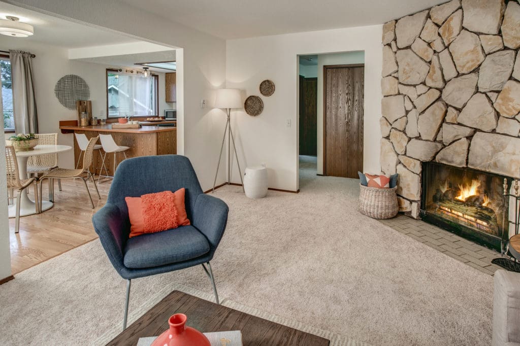 Pinehurst Mid Century Condo Living Room, Dining Room and Kitchen