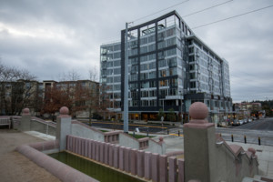 High-rise condominium complex in Bellevue neighborhood of Seattle, Washington.