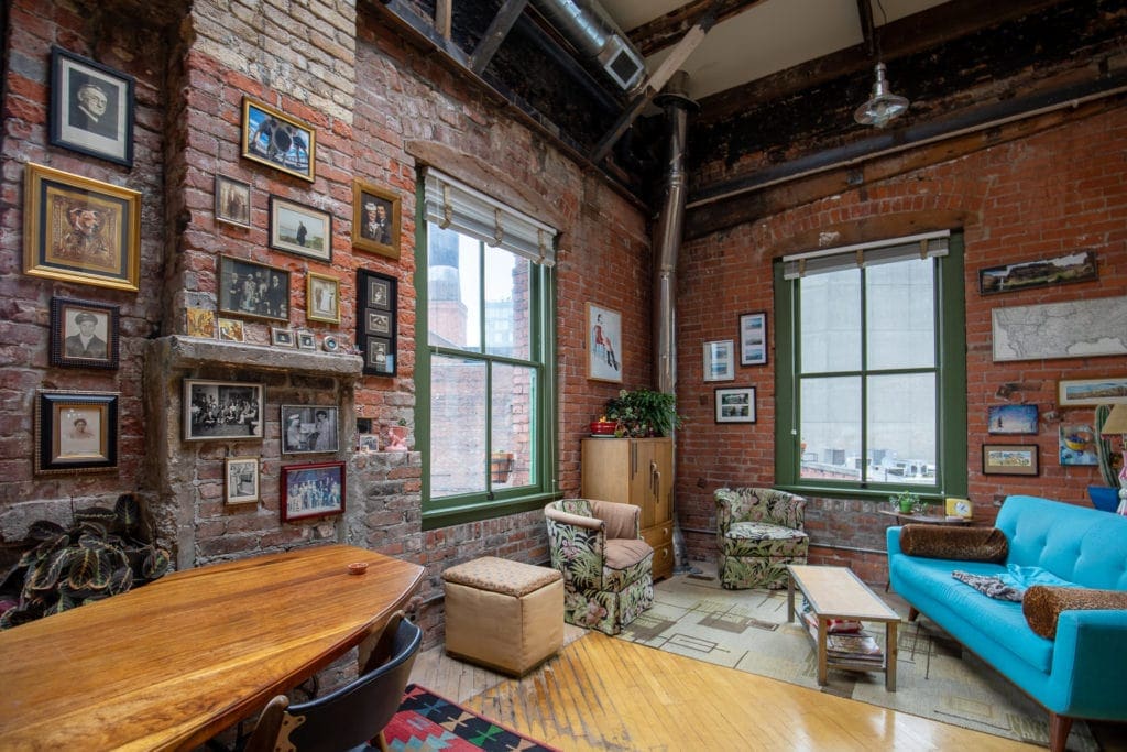 The living area in Jane and Steve's cozy, bohemian Pioneer Square loft