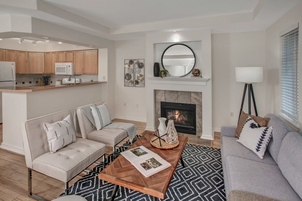 Ballard Townhouse Condo Living Area, Gas Fireplace and Kitchen