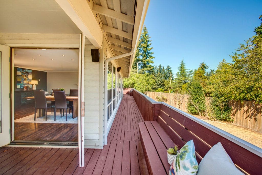 West Lake Sammamish Home Exterior, Covered Wrap Around Deck, Dining Area