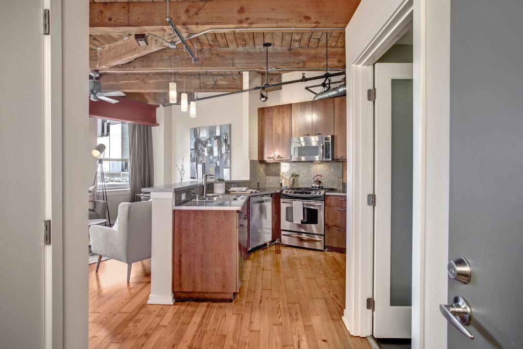Capitol Hill Loft Condo Entry, Stainless Steel Kitchen and Open Living Area