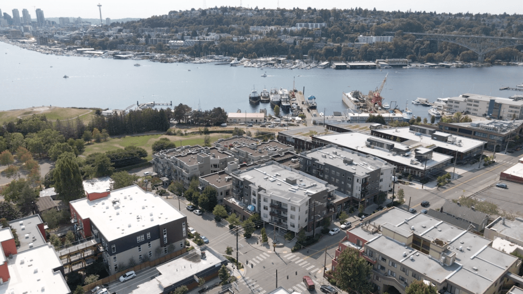 Drone Aerial View of Wallingford, The Tavona, Gas Works Park, the Space Needle, Queen Anne, and Lake Union