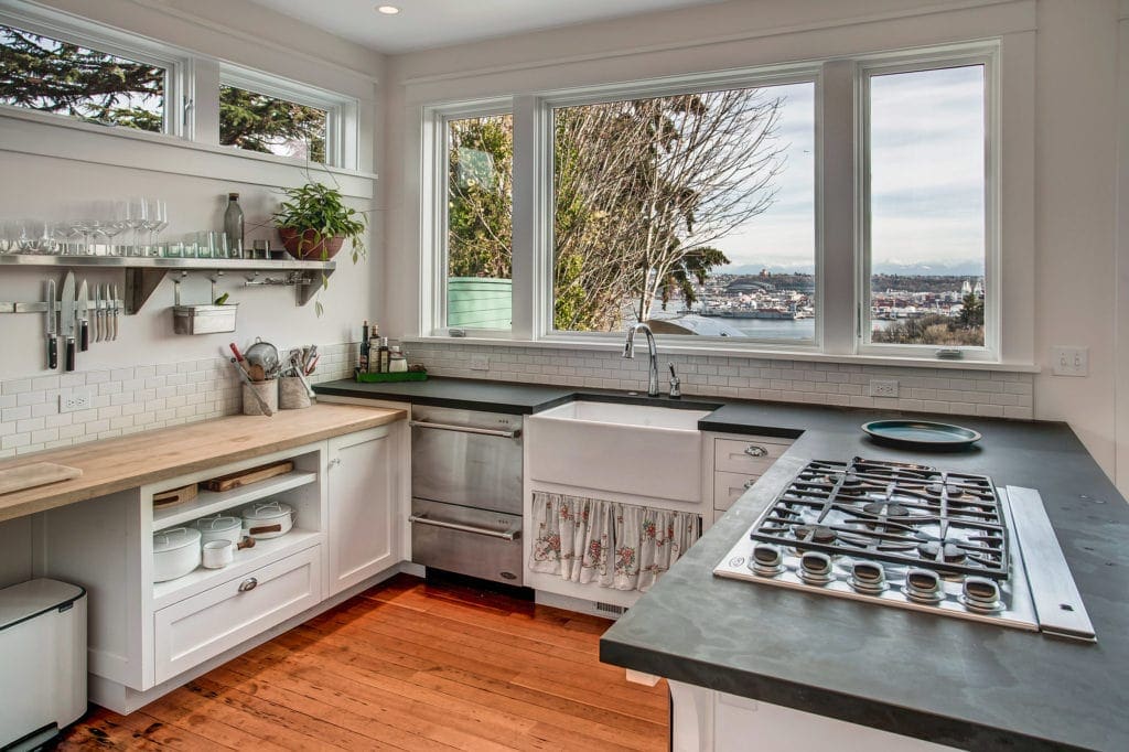 North Admiral View Home Kitchen, Soapstone Countertops, Butcherblock Countertop, Apron Sink, Seattle View, Cascade Mountains View