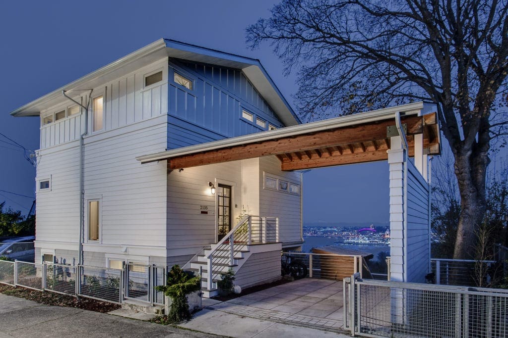 North Admiral View Home Twilight Exterior, Main Entry, Gated Carport and Seattle View