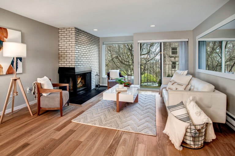 Mid Century Modern Capitol Hill Condo Living Area and Wood Burning Fireplace