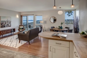 Modern Queen Anne View Home Rental Suite, Living Area, Dining Area, Kitchen, Breakfast Bar, Magnolia View, Puget Sound View