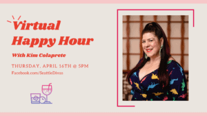 Flyer for virtual happy hour with Kim Colaprete