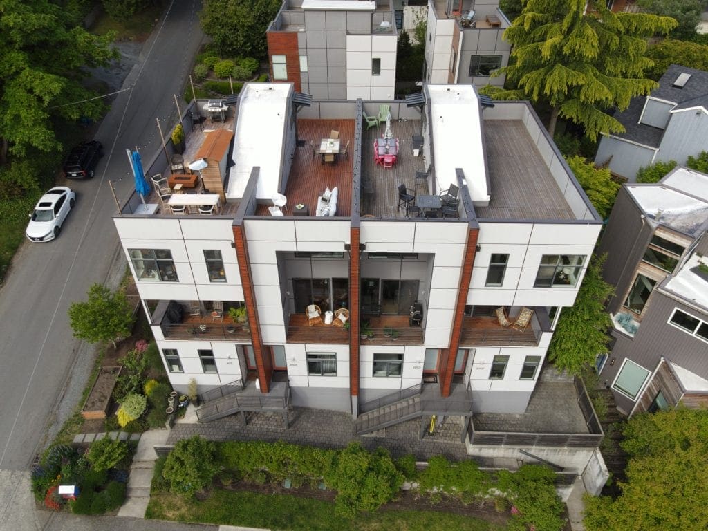 Modern Queen Anne Townhome Rooftop Deck Aerial View and Front Exterior