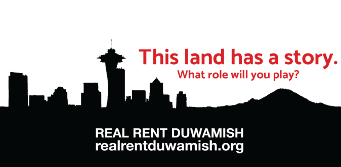 Logo for "This land has a story. What role will you play?" For the "Real Rent Duwamish organization"