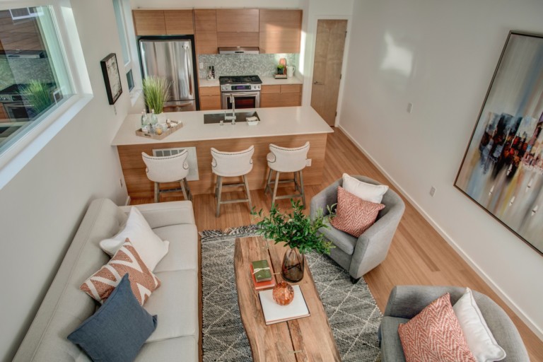 Capitol Hill modern townhouse living area breakfast bar and kitchen