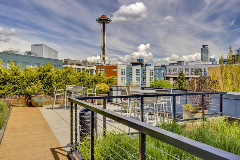 Belltown View Condo Rooftop Deck and Space Needle View