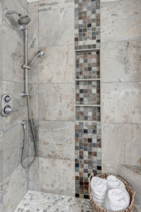 Kenmore Home Primary Bathroom shower, beautiful stone and tile