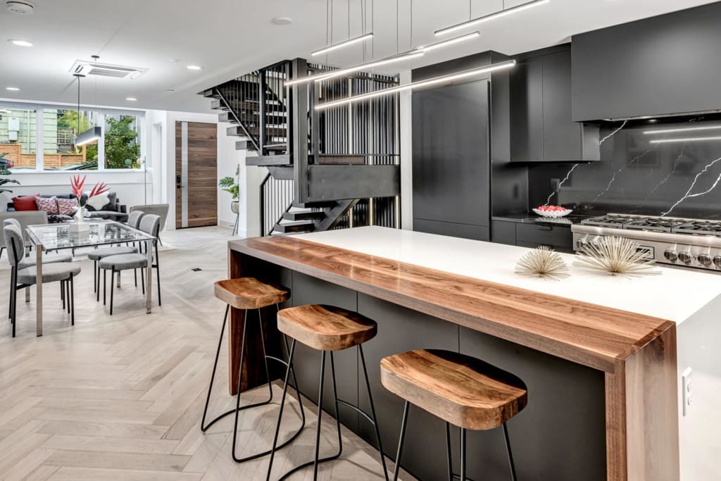 South Lake Union Modern Townhouse Kitchen Island with View Back to Dining Room