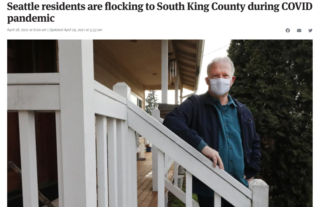 Screen shot of the Seattle Times' Article "Seattle residents are flocking to South King County during COVID pandemic." 