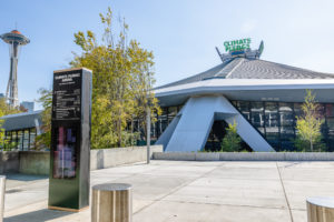 View of Climate Pledge Arena and Seattle Space Needle in Seattle, Washington