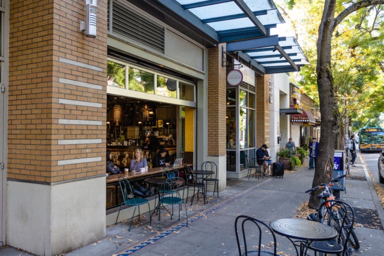 Espresso Vivace coffee shop exterior of building on Capital Hill neighborhood of Seattle, Washington