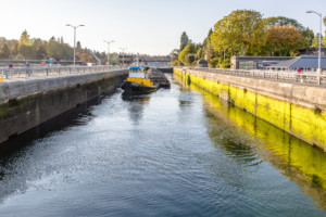 Ballard Locks showing yellow tugboat towing cargo barges carrying sand