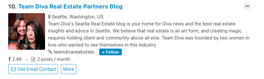 Feedspots write up about why Team Diva was selected as one of the top real estate blogs in Seattle. The text says Team Diva's Seattle Real Estate blog is your home for Diva news and the best real estate insights and advice in Seattle. We believe that real estate is an art form, and creating magic requires holding client and community above all else. Team Diva was founded by two women in love who wanted to see themselves in this industry..