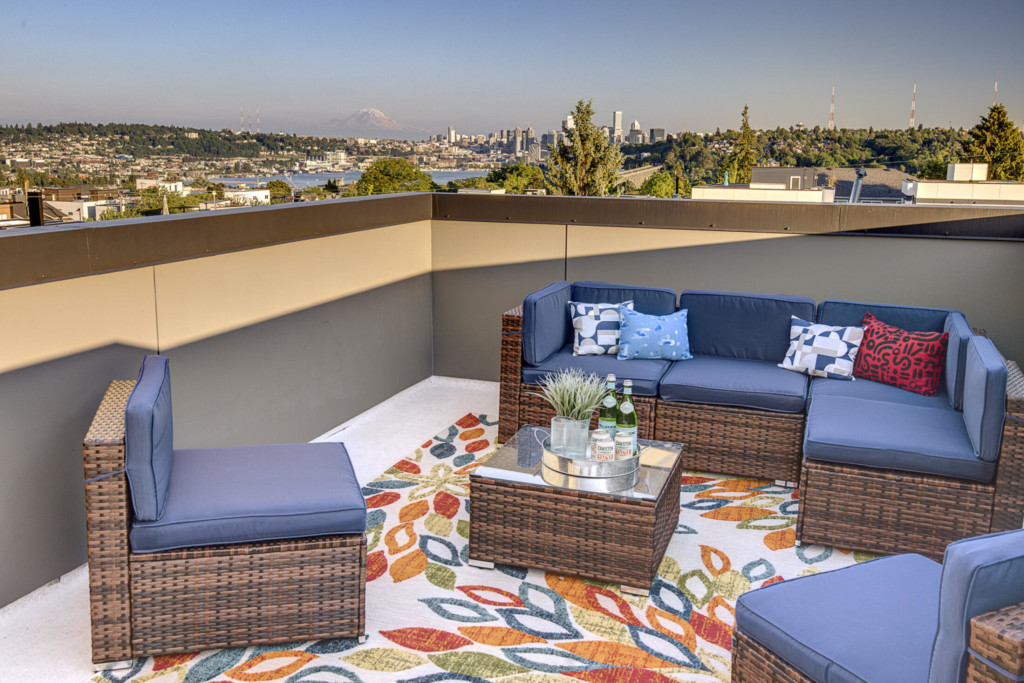 Rooftop Deck of the Fremont Townhome with a View of Downtown Seattle, Mt. Rainier, and South Lake Union