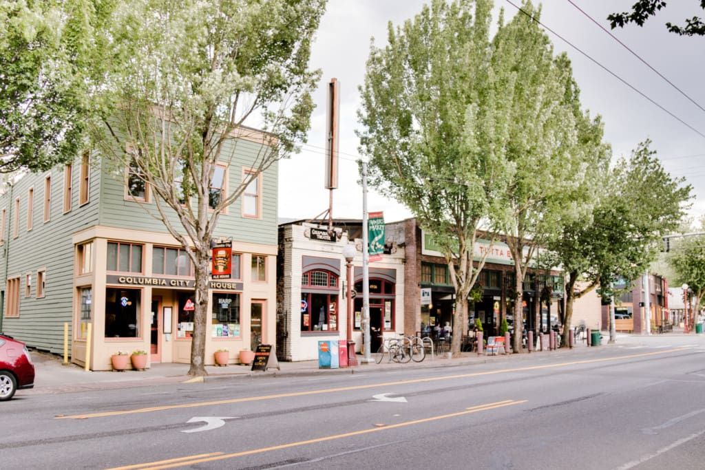 Main business district in Columbia City with restaurants and shops