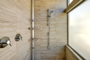 Half bath shower and steel fixtures