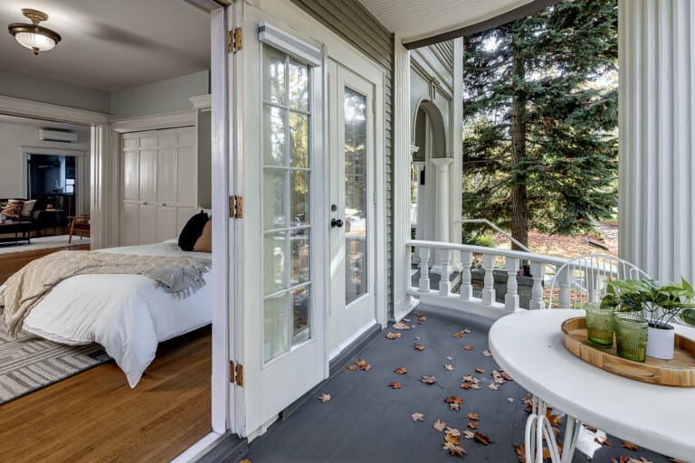 Balcony and French doors into bedroom