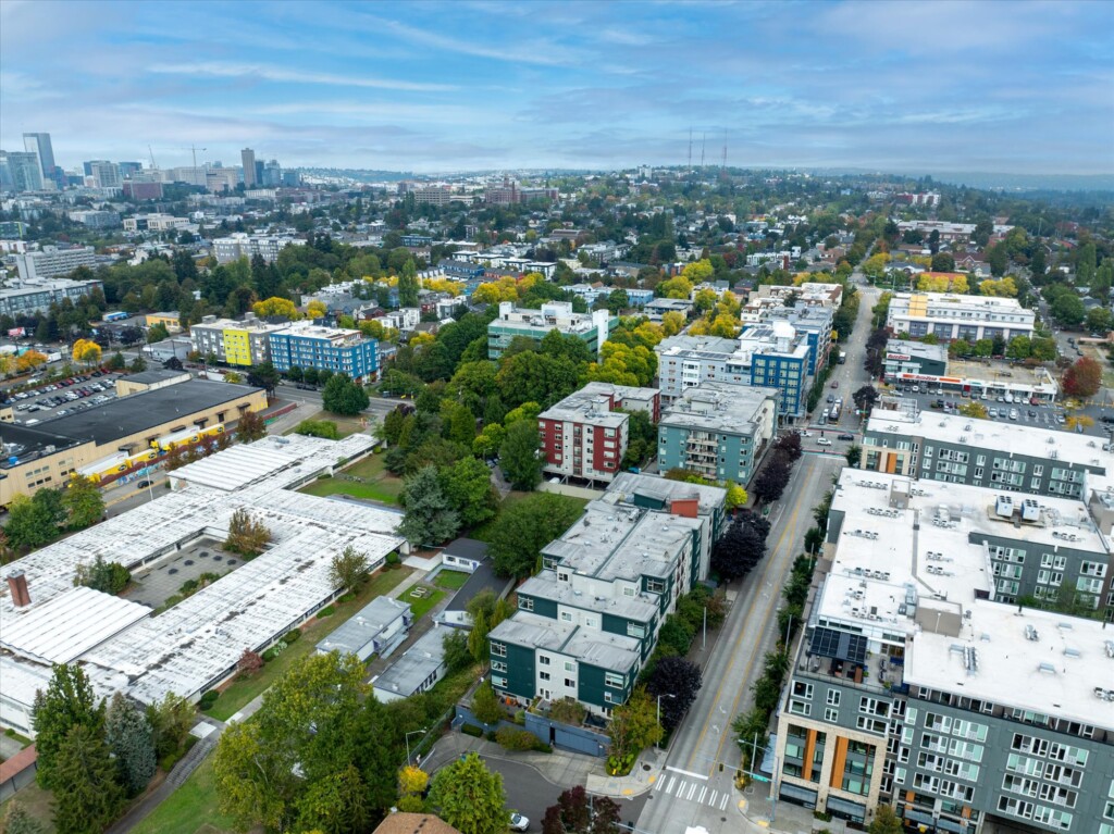 Ariel view of 23rd and Jackson wiht a view of Downtown Seattle and the Central District