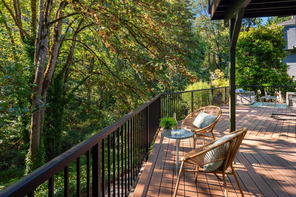 Deck overlooking protected woods in a Redmond greenbelt home